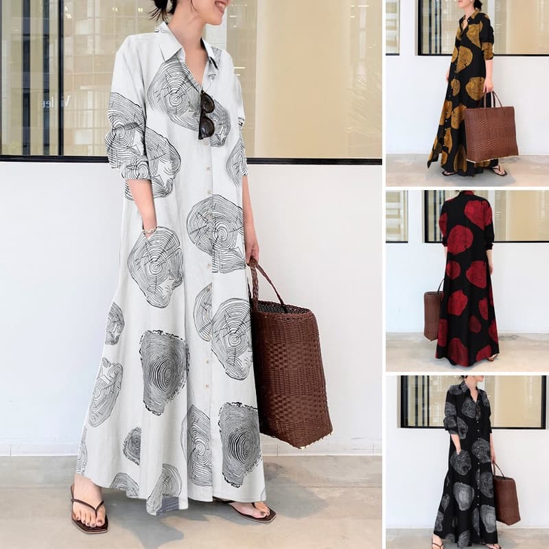 Comércio exterior transfronteiriço 2022 britânico mulher lapela botão algodão estampado vestido longo vestido de saia de sol