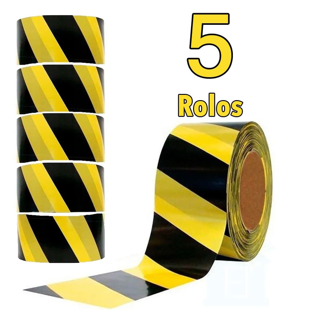 Kit 5 Rolos Fita zebrada sinalização isolamento preta/amarela 70mm