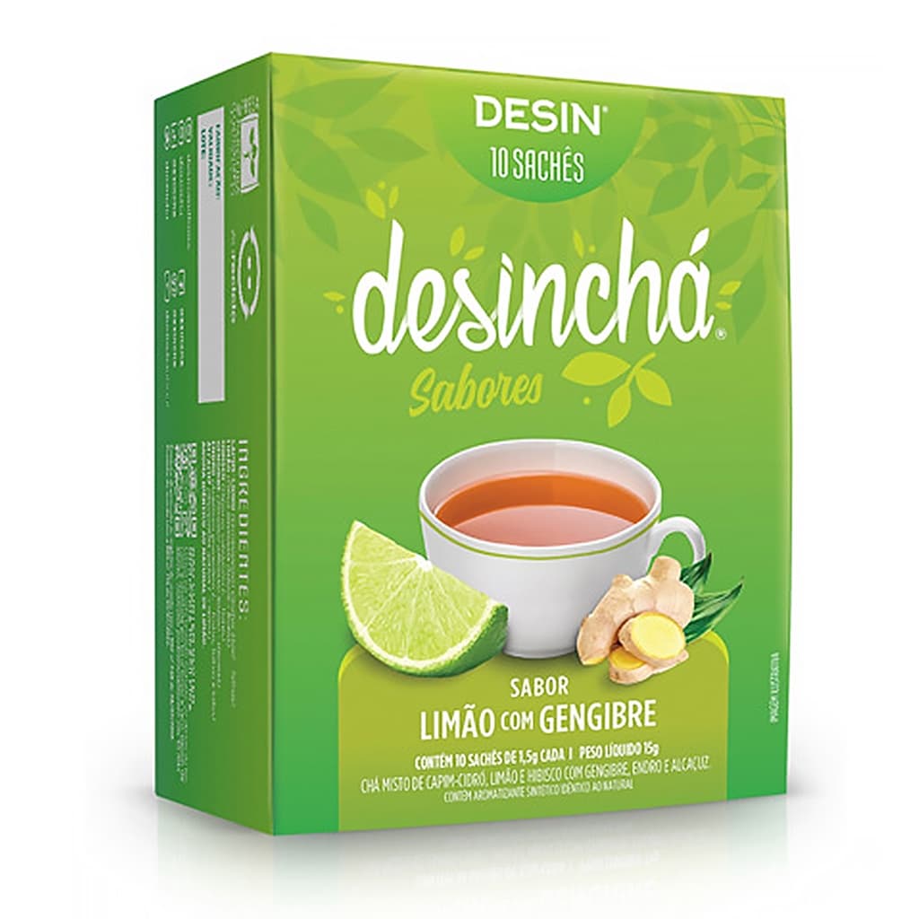 Desinchá Chá 100% Natural Original Antioxidante Sabor Limão com Gengibre 10 Sachês Cada Pacote 1,5g