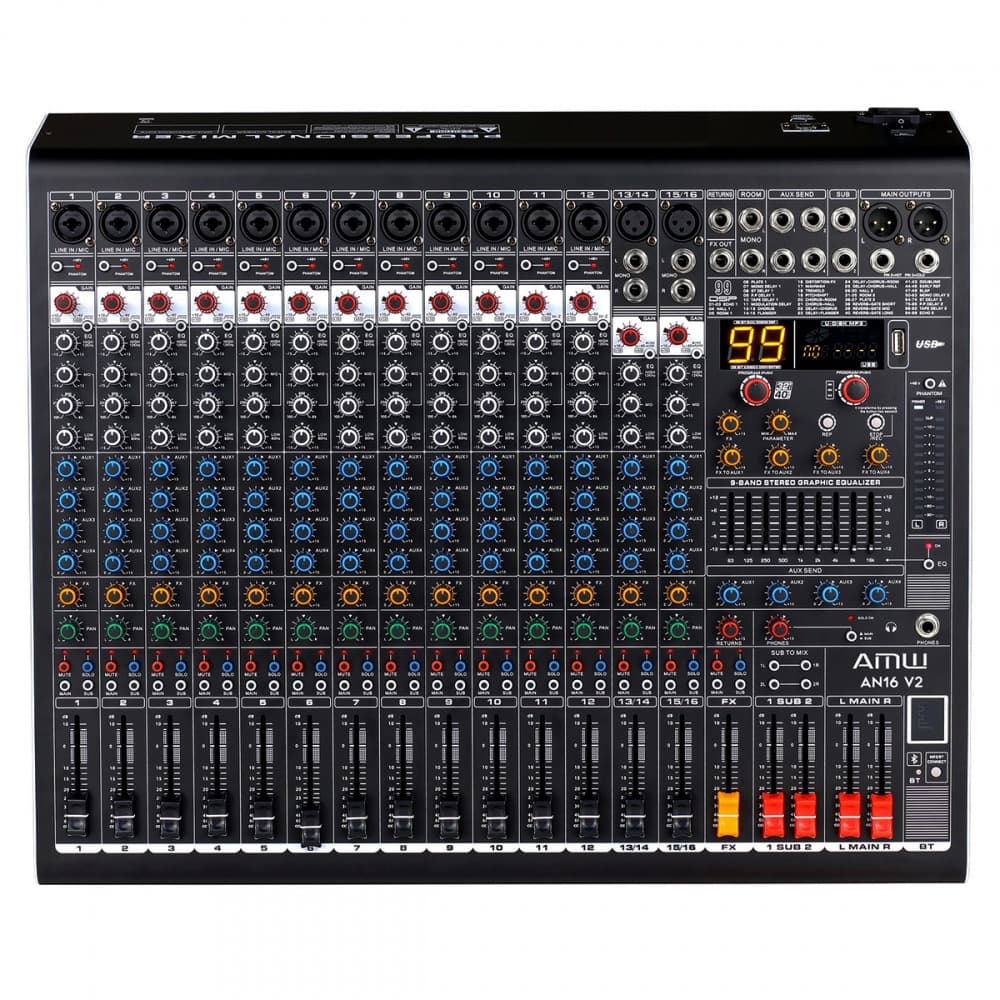 AMW AN16 v3 Mesa de Som 16 Canais com 4 saídas Auxiliares DSP 99 EFX BT Interface