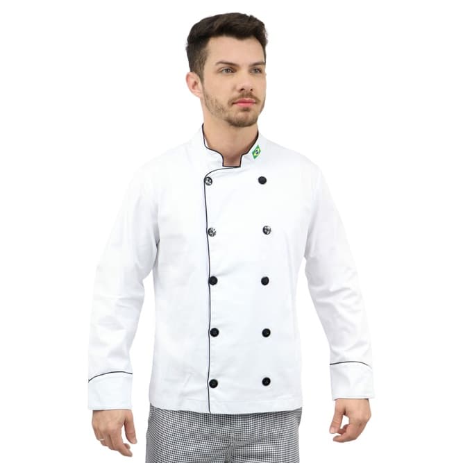 Dolmã Chefe Cozinha Masculino com Bandeira em Algodão - Camisa Masculina Chefe de Cozinha