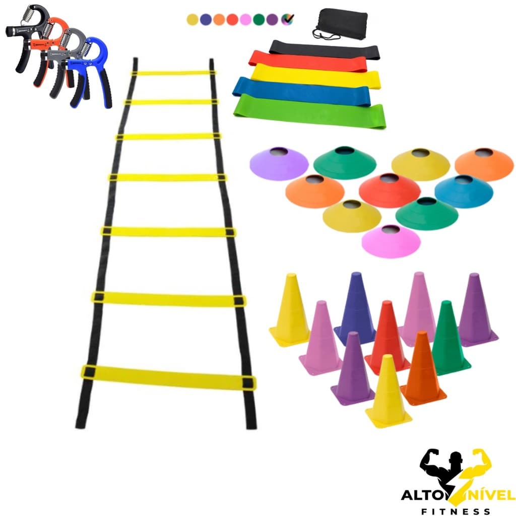 Kit Treino Funcional Agilidade Escada 7 Degraus 10 Cones 10 Chapéus 01 Kit Mini Bands 01 Hand Grip