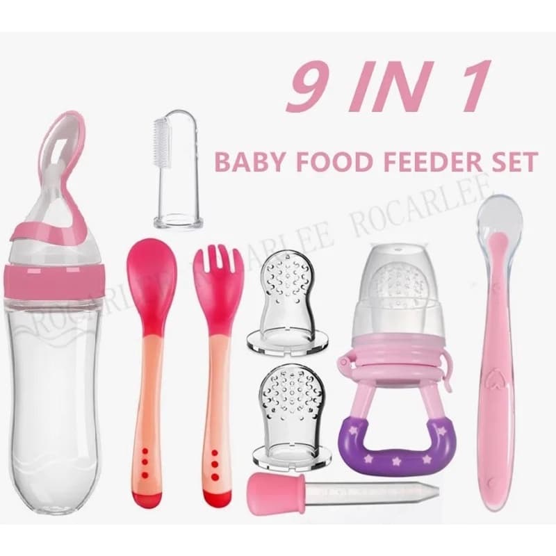 Kit De Alimentação Para Bebês 9 Em 1 Com Colher De Silicone, Conta-Gotas, Chupeta, Escova De Dentes E Mamadeira Para