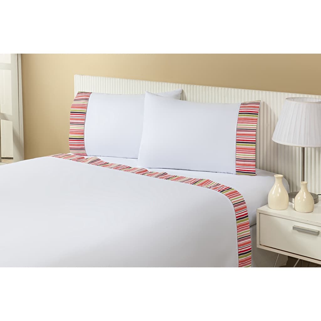 Jogo Lençol 4 Peças Cama Viúva 2,03mx1,20mx35cm 100% Algodão 200 Fios Ponto Palito Listrado