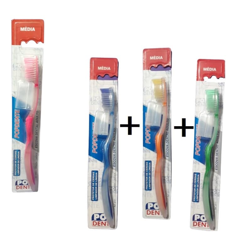 Kit 3 Escova Dental Adulto Cerdas Média + Protetor de Cerdas e Limpador de Língua