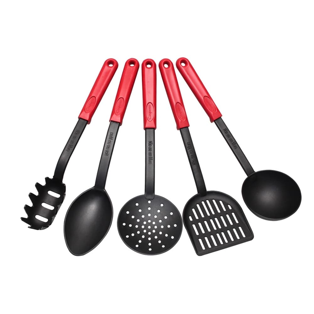 Kit 5 Talheres Utensílios Plástico Casa Cozinha Colheres Barato Custo Benefício Prático Essencial Cozinhar Conjunto Jogo 5 Peças Espátula Concha Pegador de Massas Colher Grande Arroz Escumadeira