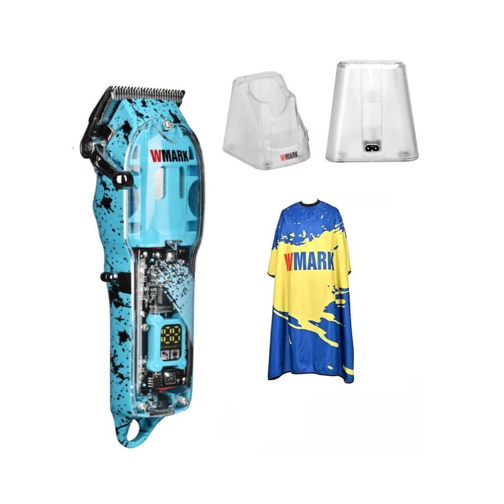 Maquina de Cortar Cabelo Wmark Ng 308/408 Com Visor Azul + Base Carregadora Cs01 + capa wmark azul