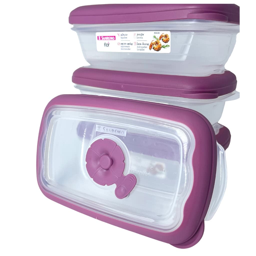Kit 3 Potes Plástico Empilhaveis com Válvula Micro Ondas Retangular