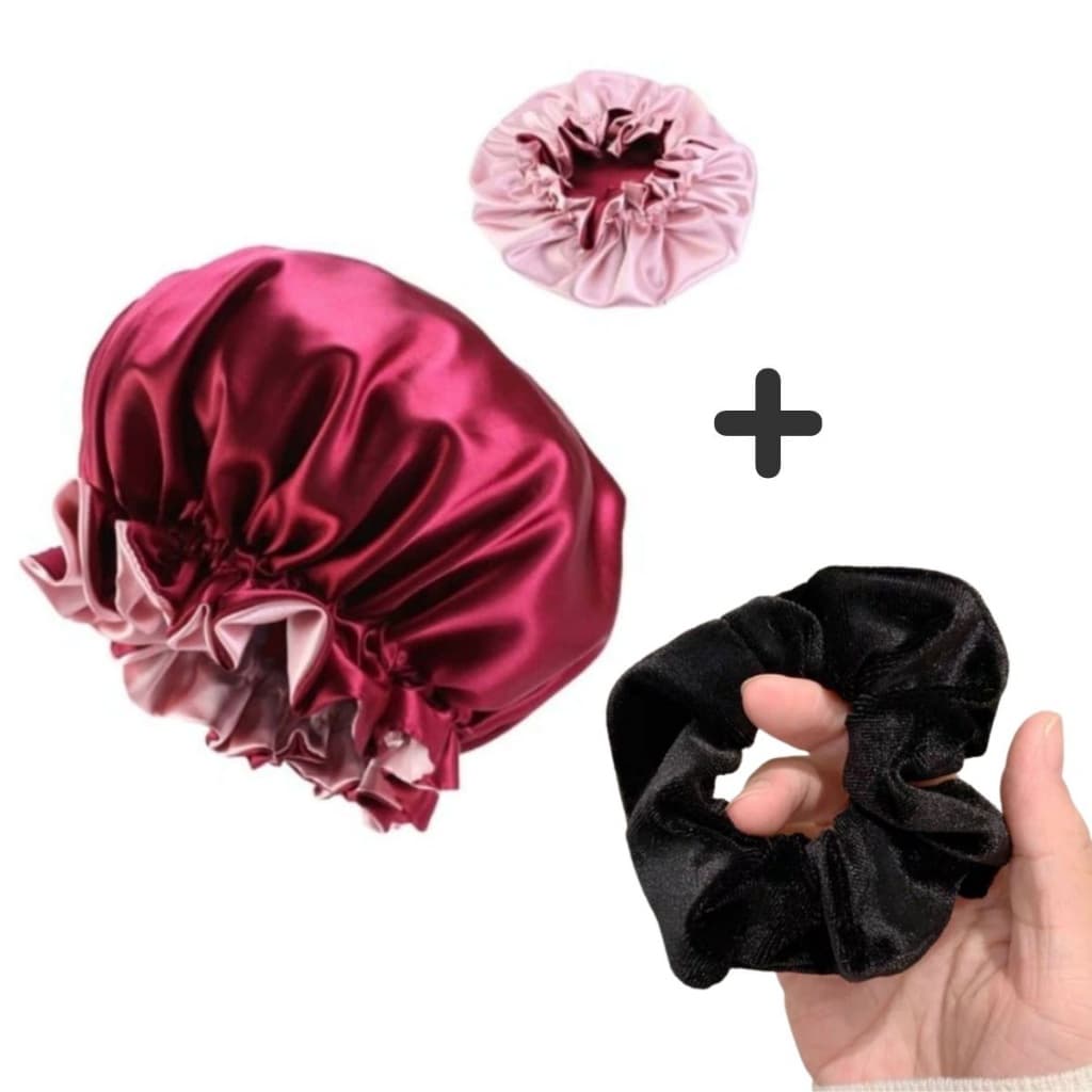 Touca de Cetim Dupla Face Ajustável + Xuxinha Scrunchies de Veludo Elástico De Cabelo