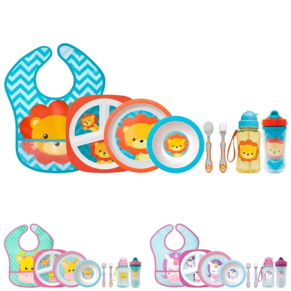 Kit Refeição Infantil 7 Peças Prato Divisórias, Prato Raso, Bowl, Kit Talher Colher e Garfo, Garrafa Canudo Silicone 350ml, Copo Parede Dupla 320ml e Babador com Pega Migalhas Buba Animal Fun
