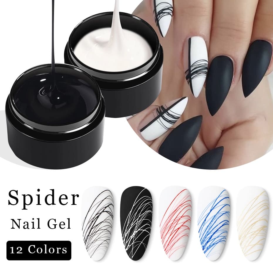 Esmalte Gel Preto e Branco com Efeito Teia de Aranha, ideal para designs de unhas e arte com cola líquida.