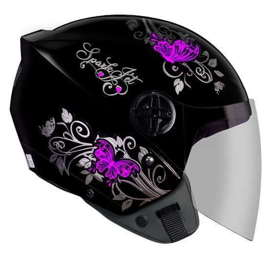 Capacete Aberto Feminino Ebf Spark Jet Borboleta Preto e Rosa Brilhante Moto