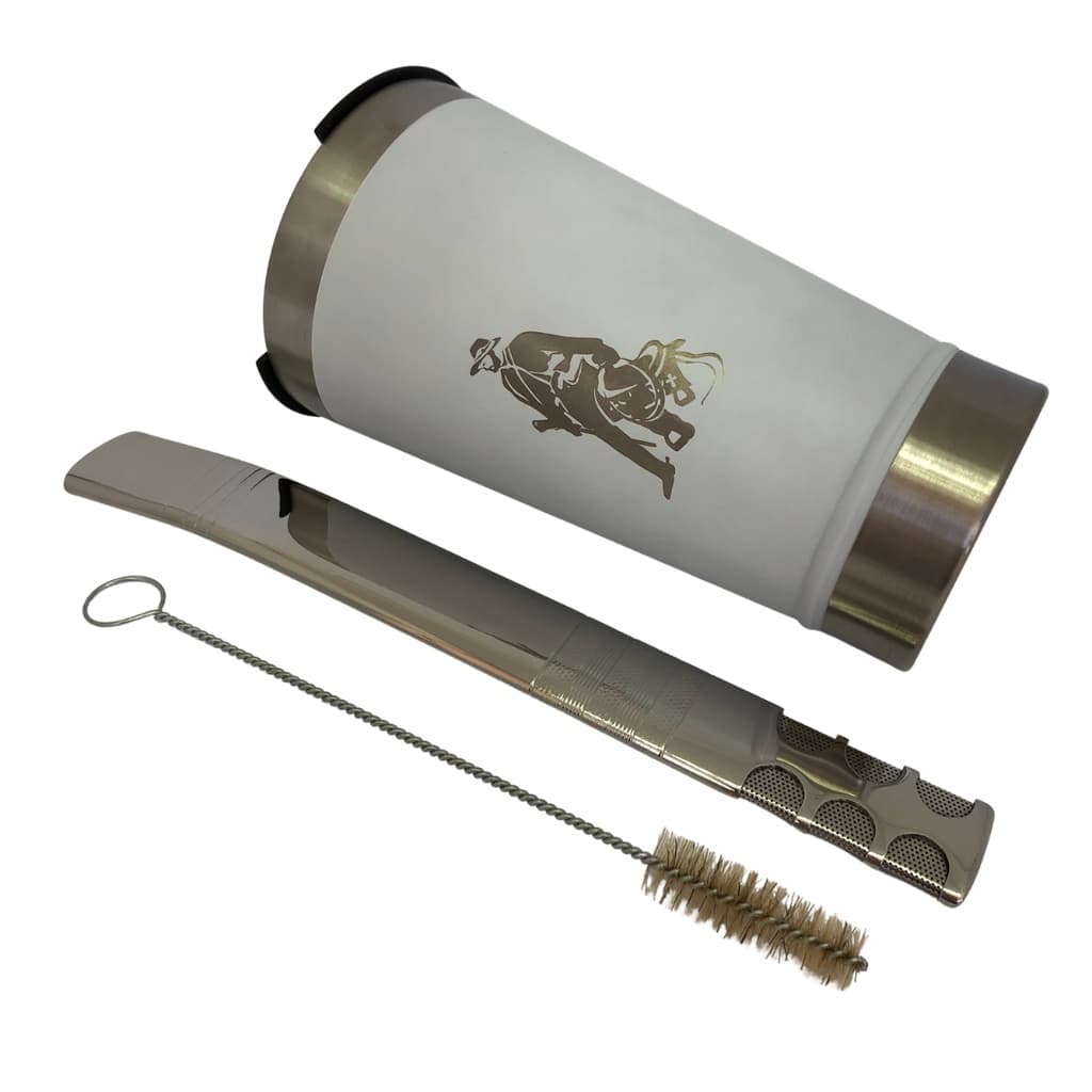 Kit tereré copo cuia térmico parede dupla de inox 470ml branco + bomba tela super premium 24cm grande + escova higiênica