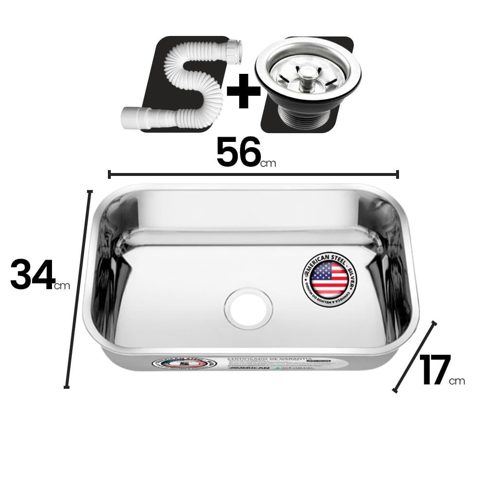 Cuba Pia Inox 56x34x17 - 430 – American Steel + Sifão + Válvula