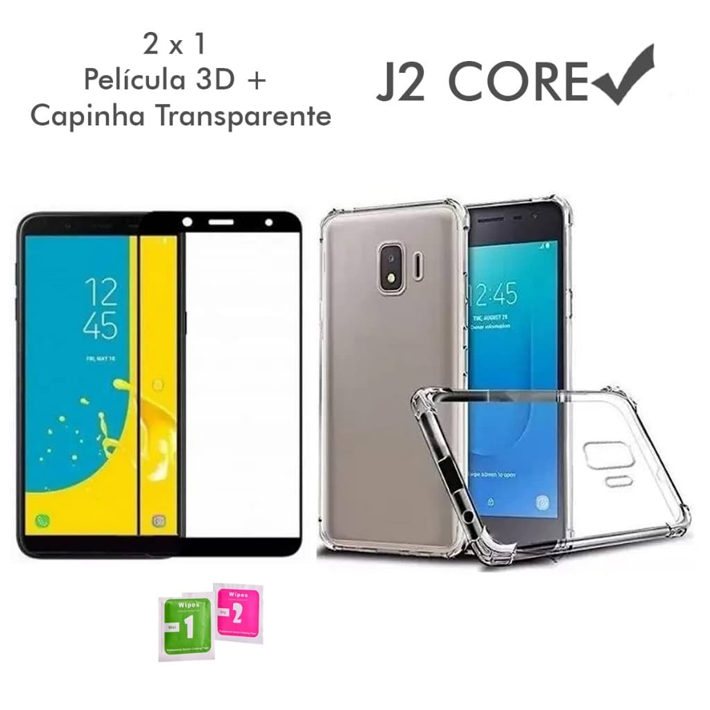 Capa Estilizada Capa Case Capinha Anti Shock transparente Samsung Galaxy J2 core + Película Vidro 3D