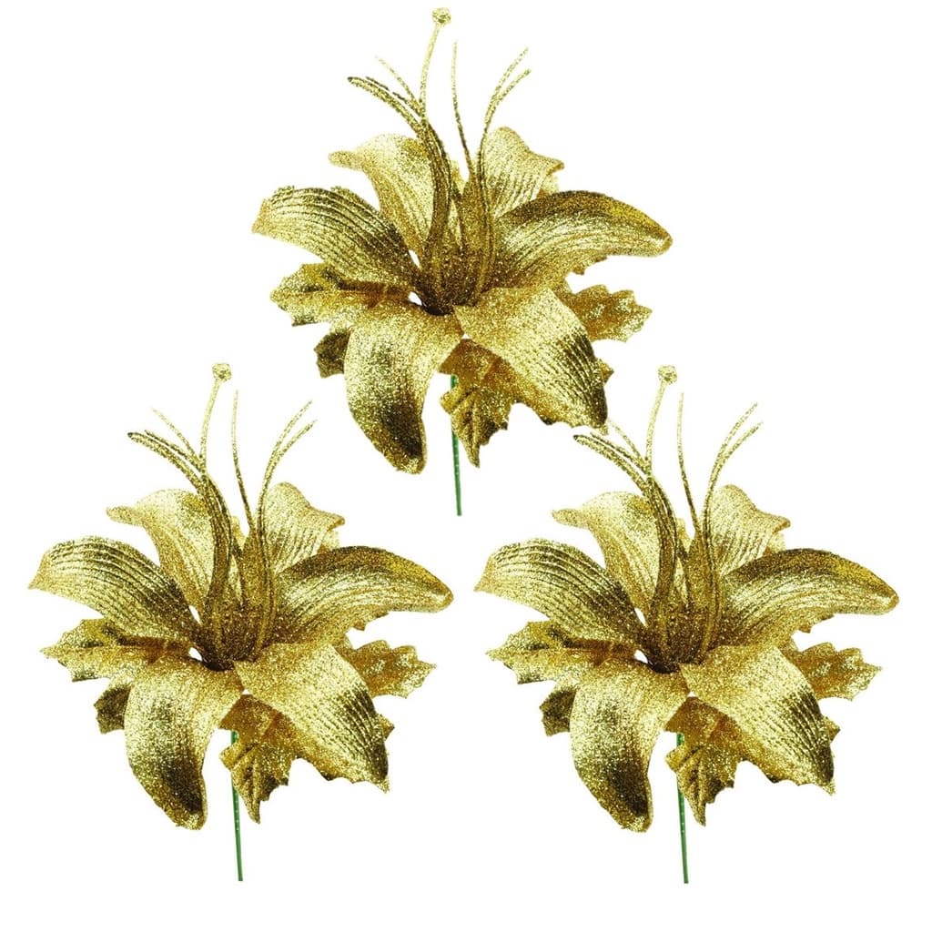 Jogo Flor Lírio Natalino Glitter Dourada 24cm 3 Unidades - Yangzi