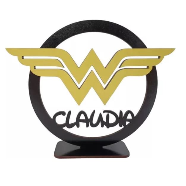 1 Centro De Mesa Mulher Maravilha 15cm Inteiro Preto Atras Personalizado Lembranças Festa Aniverário