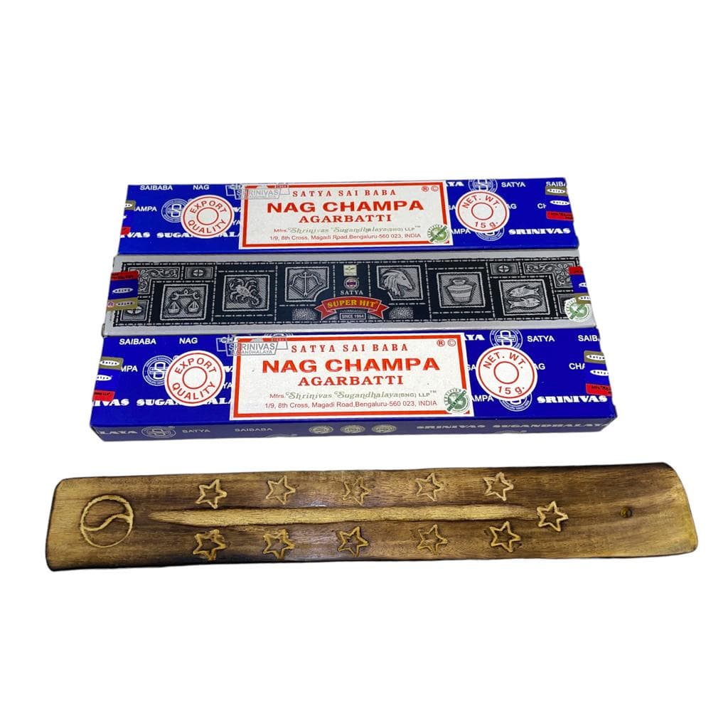Kit 3 Incensos Satya Massala Nag Champa Sai Baba e Super Hit + Incensário Madeira