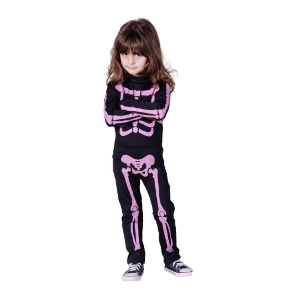 Fantasia Dia das Bruxas Esqueleta Infantil Manga Longa Feminino