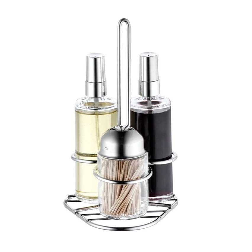 Galheteiro De Vidro Spray Base Inox Kit 4 Peças Paliteiro Vinagreiro Azeiteiro Azeite Vinagre Salada Conjunto Mesa Servir