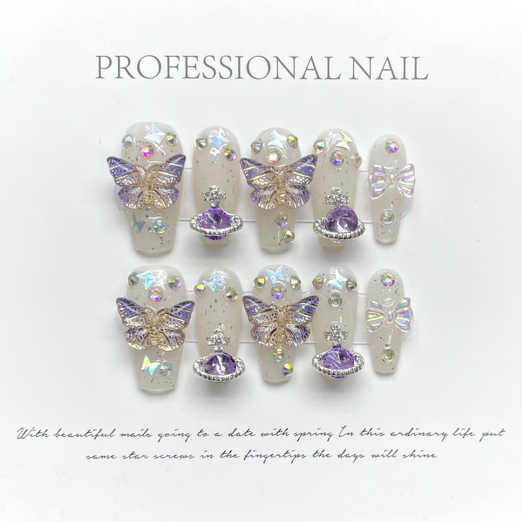 [HANDMADE]Artificial prego luz luxo roxo piscando 3D gradiente borboleta Aurora planeta fototerapia unhas unhas reutilizáveis e removíveis