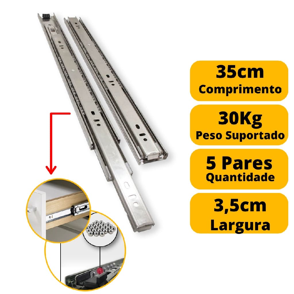 Corrediça Gaveta Trilho Telescópico 35cm 350mm 5 Pares 30kg