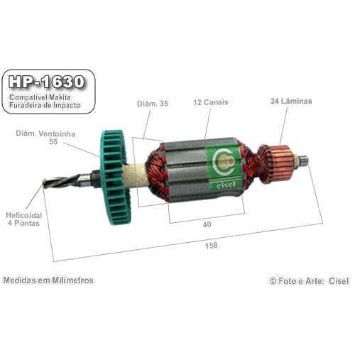 Induzido compatível Makita HP-1630 - Furadeira de Impacto - Eixo: 158 mm