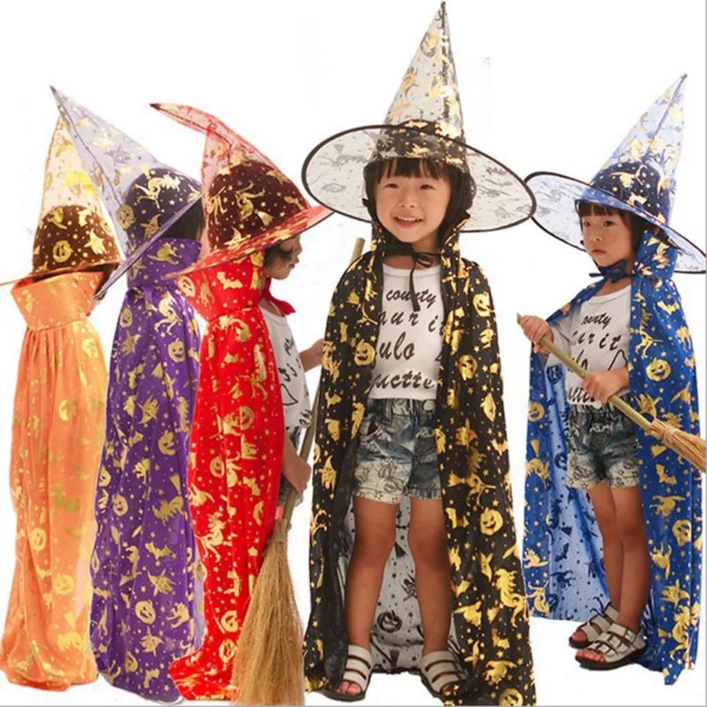 Fantasia Kit Bruxo Infantil Capa E Chapeu Bruxa Bruxinha Feiticeiro Mago Halloween Unisex Cosplay