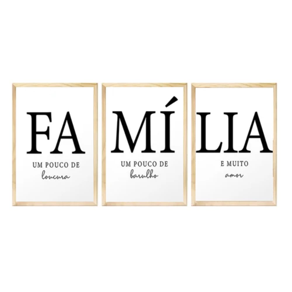 Kit 3 Quadros Decorativos para Sala 40x60cm Família Composição Trio Lar Amor