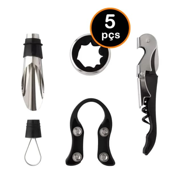 Kit Para Vinho Com 5 Peças Abridor Saca Rolha