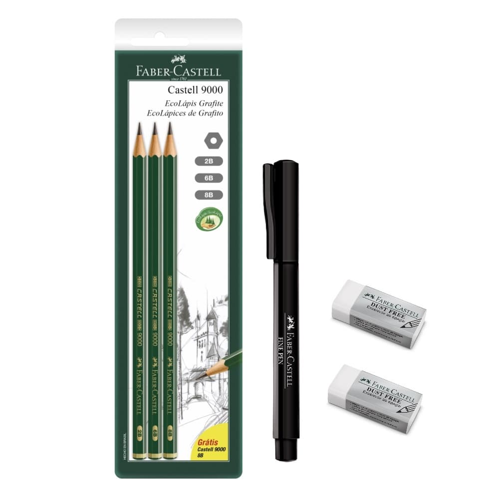 Kit Lápis Grafite Técnico Faber Castell 9000 2B 6B 8B com borracha e Caneta Preta