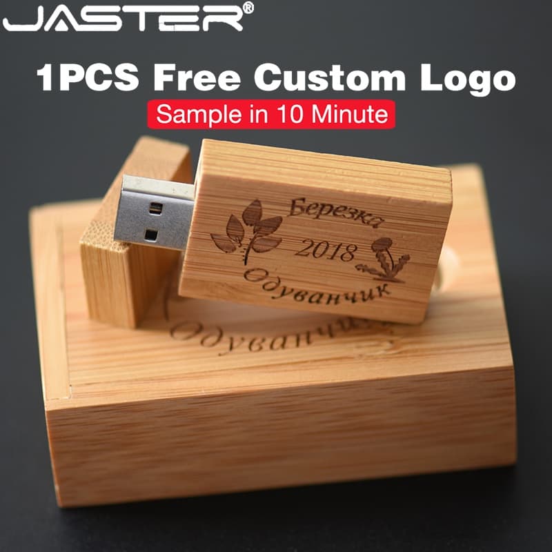 JASTER 1PCS Logo Personalizado USB Drive 128GB Creative Gift Flash 64GB Pendrive De Madeira 16GB Com Caixa Memory Stick
