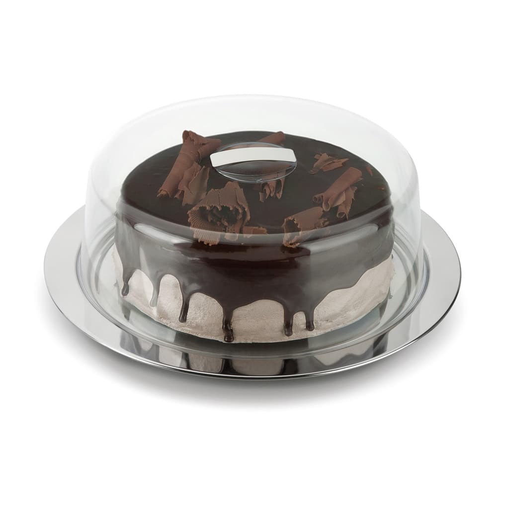 Boleira Prato Para Bolo Inox Com Cúpula Acrílico 33cm Pudim Doces Festa Aniversário Padaria Casa Cozinha Organizador