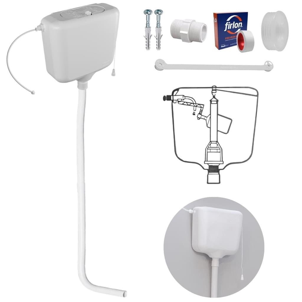 Caixa de Descarga Elevada de 6,8 à 9L Branca + Tubo de Descida + Espude + Engate +  Fita Veda Rosca