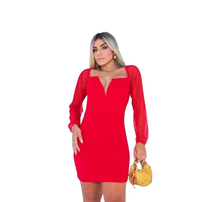 Vestido Manga Longa De Tule Com  Decote V Com Bojo Justo