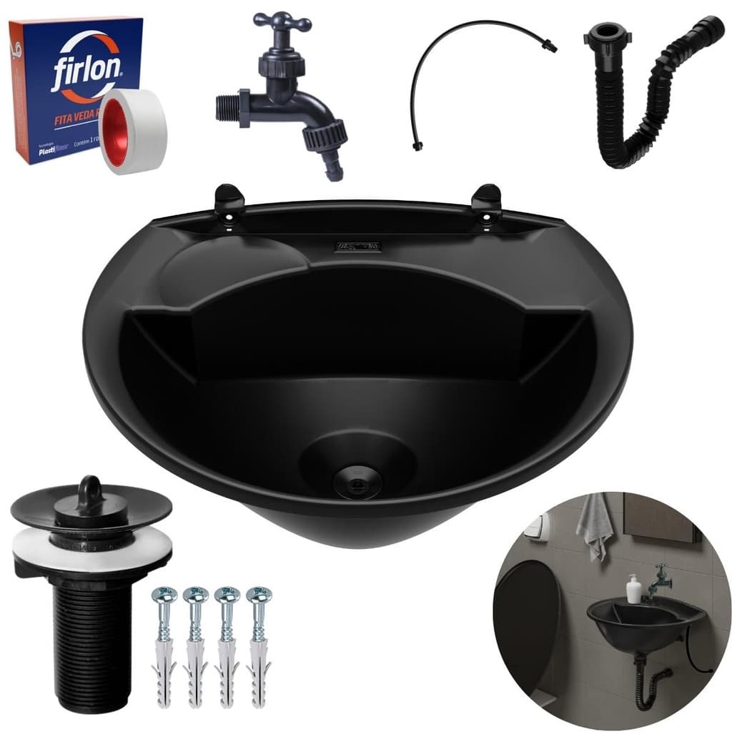 Pia Banheiro 4L + Torneira Preta + Sifão Sanfonado + Flexível + Fita Veda Rosca