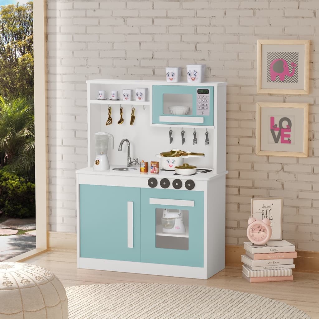 Kit Cozinha Infantil com Fogão, Pia e Micro-ondas – Madeira Resistente MDF/MDP Verde Menta