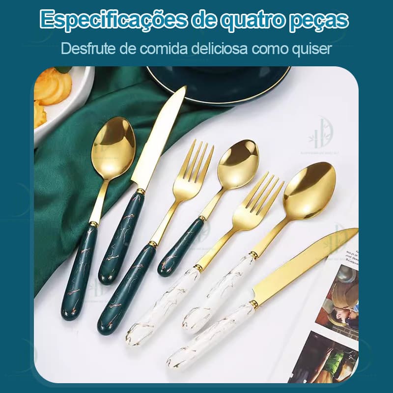 Jogo de Talheres Ouro Dourado Aço Inox 24 Peças – Garfo Colher Faca Conjunto Completo Cozinha Presente