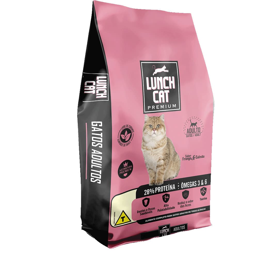 Ração Lunch Cat Premium para Gatos Adultos Natural Sabor Frango e Salmão 28% Proteínas 20kg