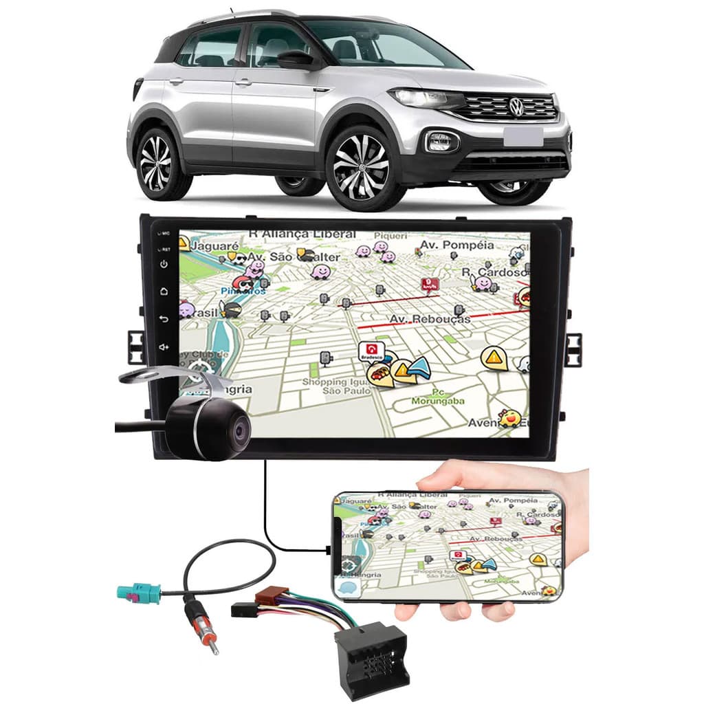 Multimídia 9" T-Cross Espelhamento USB Bluetooth Chicotes Interface Volante Moldura Painel Câmera Ré