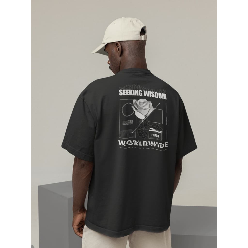 Camisa Camiseta Oversize Streetwear Masculino e Feminino Treino e Dia a Dia Preto e Off Whte Estampa SEEKING WISDOM