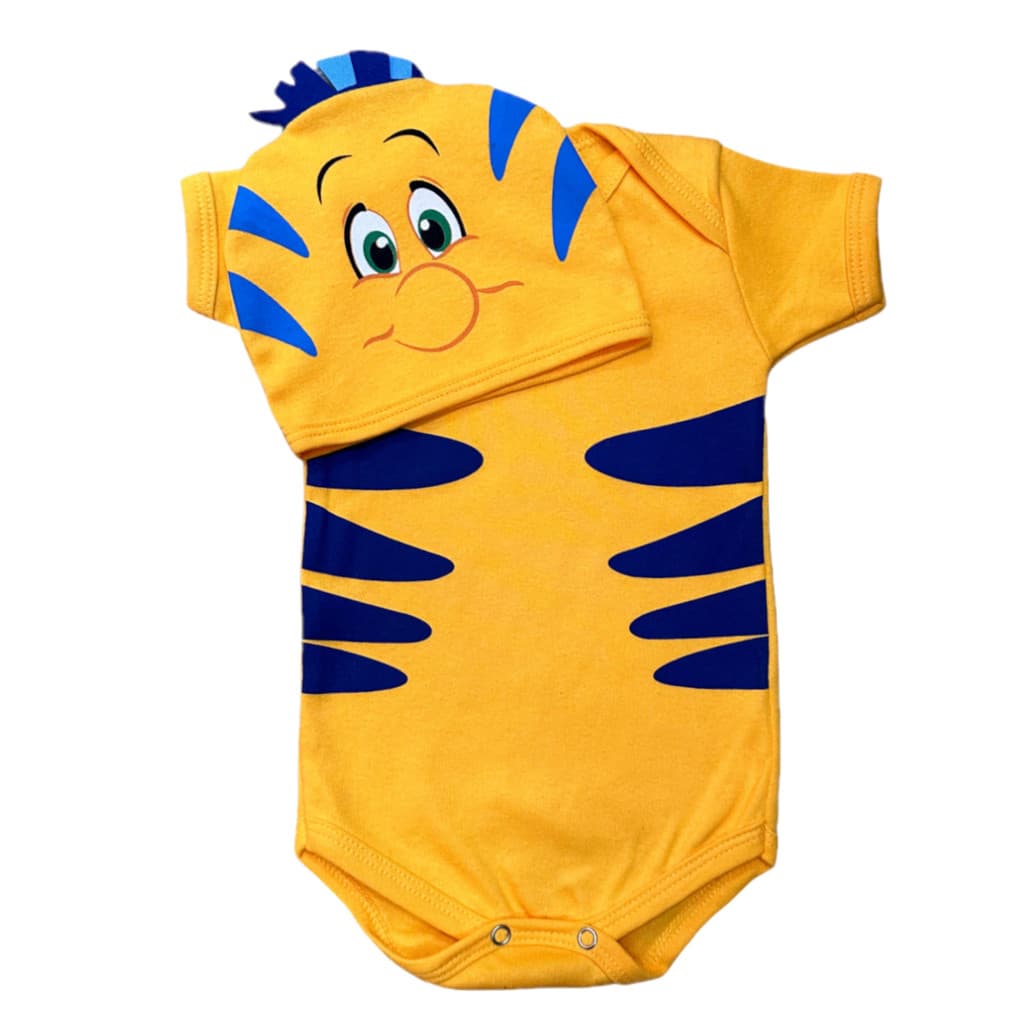 Body e Touca Linguado Pequena Seria Ariel Peixe 100% Algodão Temático Bebê Mesversário