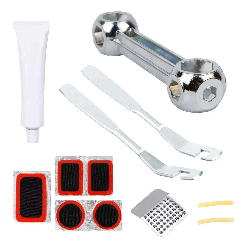 Kit Reparo Pneu Bicicleta 10 Peças Remendo Espátulas Cola Chave