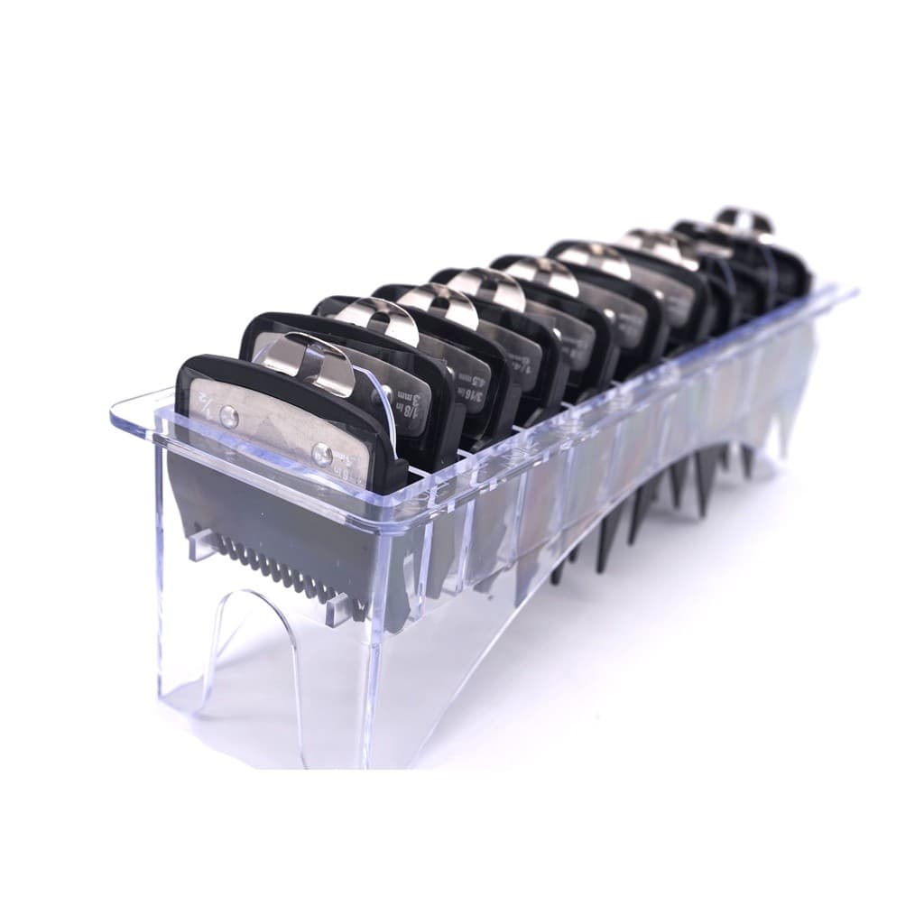 Kit 10 Pentes Especiais Degrade Com Trava De Metal Pra Maquina de Corte Wahl com Suporte Acrílico