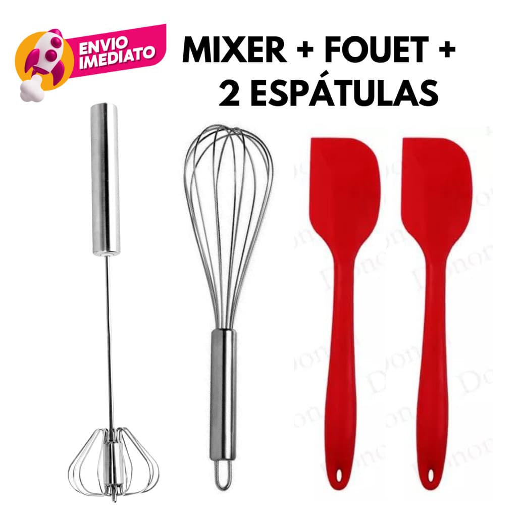 Kit Confeiteiro Mixer Semi Automático + Batedor Claras Inox + 02 Espátula Pão Duro Massas Bolos