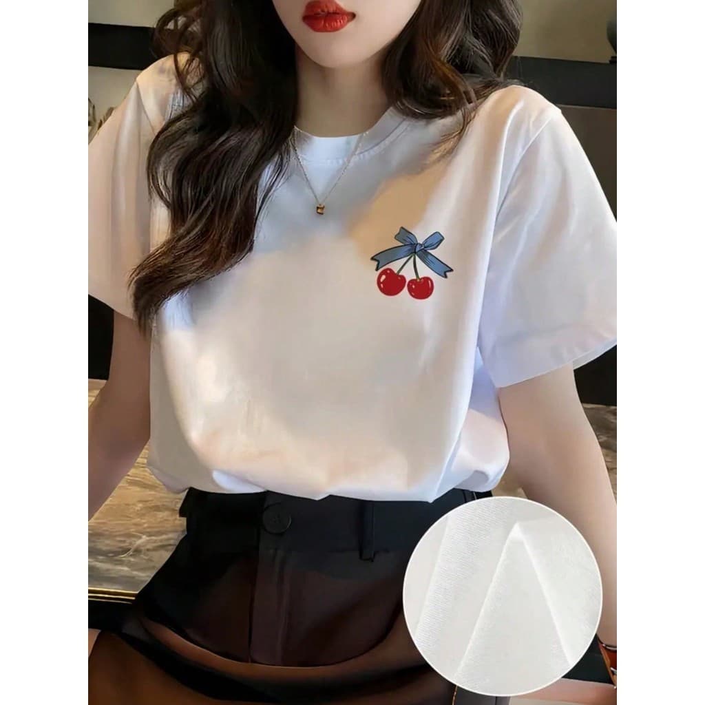 Camiseta Feminina Estampa Cereja lateral100%  Algodão