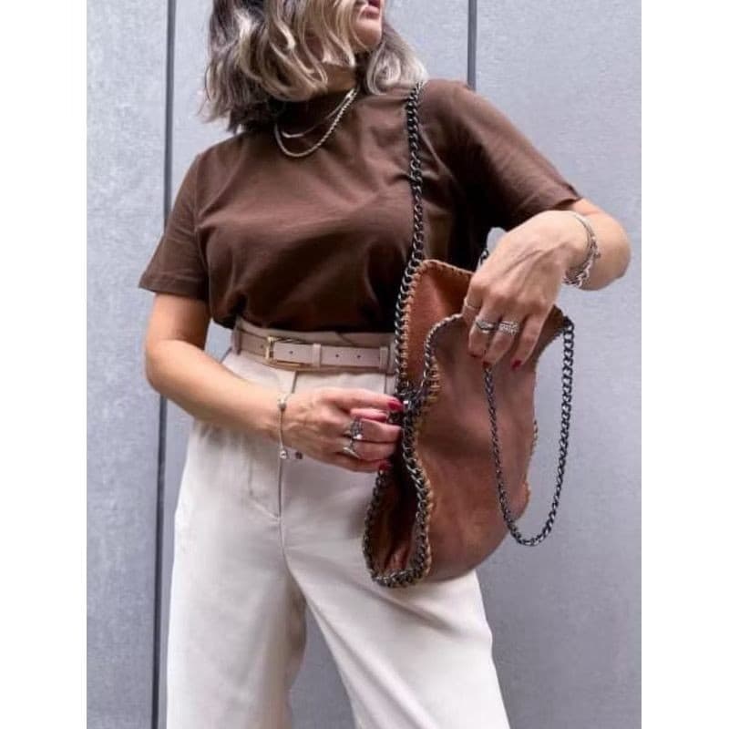 T-shirt Feminina Gola Alta 100% Algodão  Básica Casual Confortável Estilosa