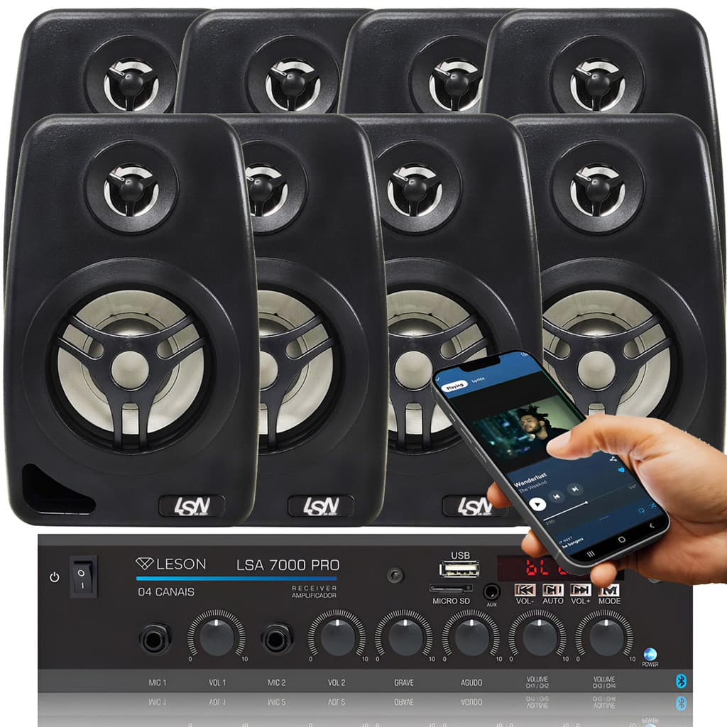 Kit Receiver Amplificador Som Ambiente Leson Orion Bluetooth Usb Aux 4Ch 2Mic + 8 Caixa de Parede com Suportes