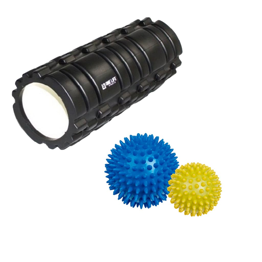 Kit Bola 07 e 09 cm + Rolo Ranhuras Auto-massagem Liberação Miofacial