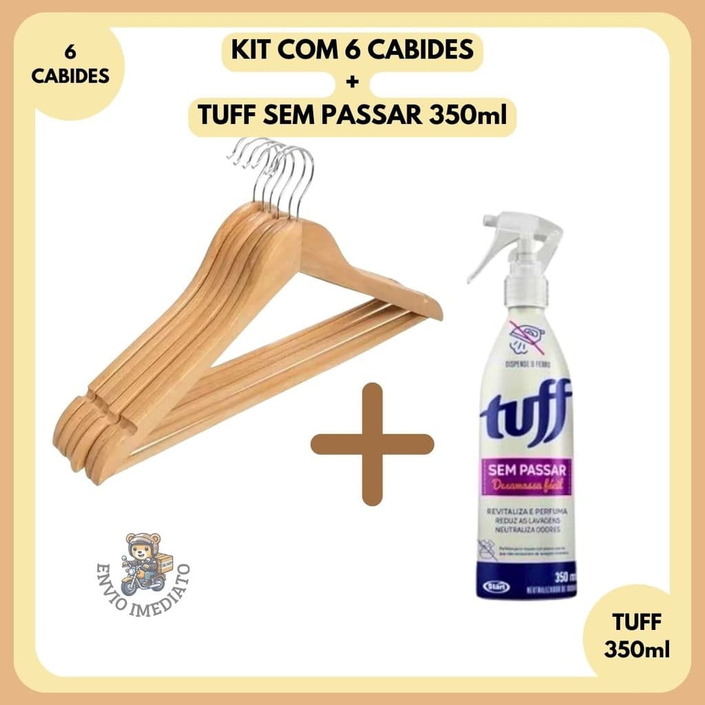 Kit Cabide De Madeira Reforçada 6 Unidades + 1 Tuff Sem Passar Desamassa Fácil Odorizador de Roupas